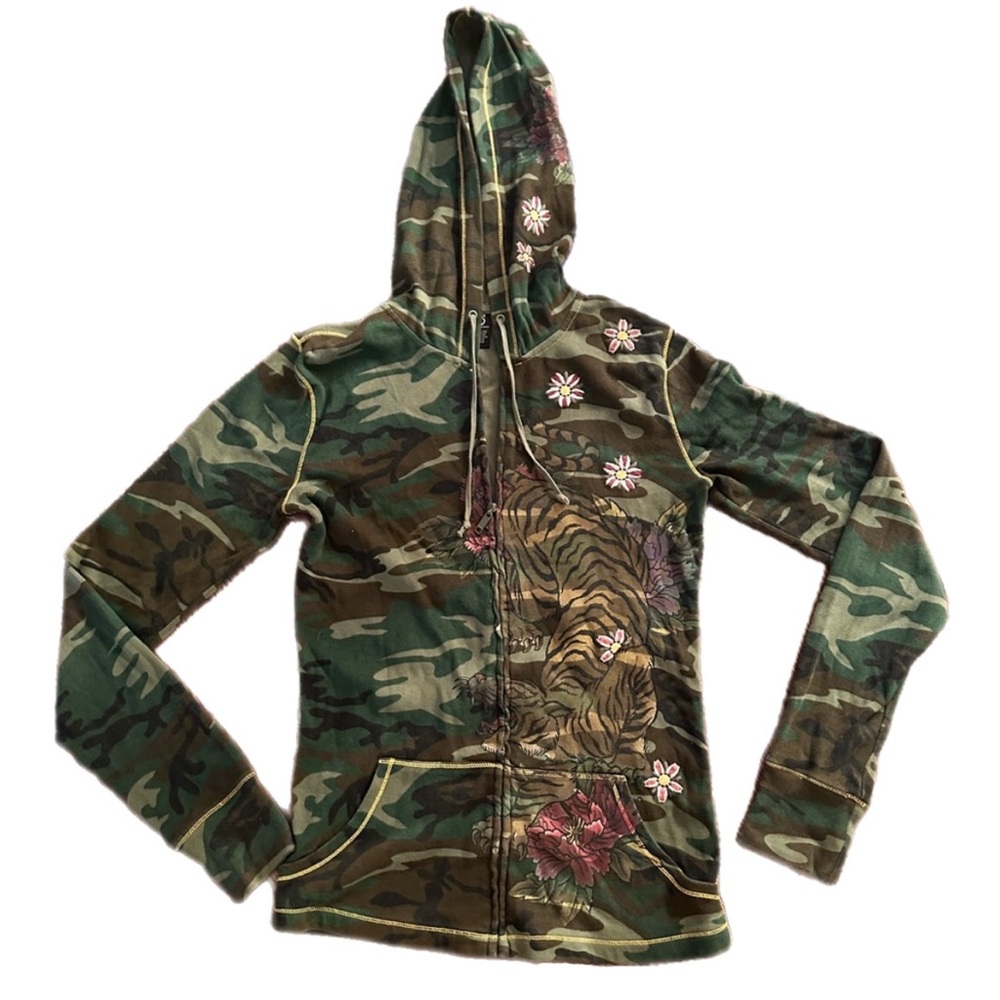 Y2K Camo print Hoodie with Floral Tiger motif